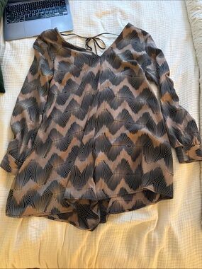 Lush Taupe and Black Geometric V-Neck Tunic
